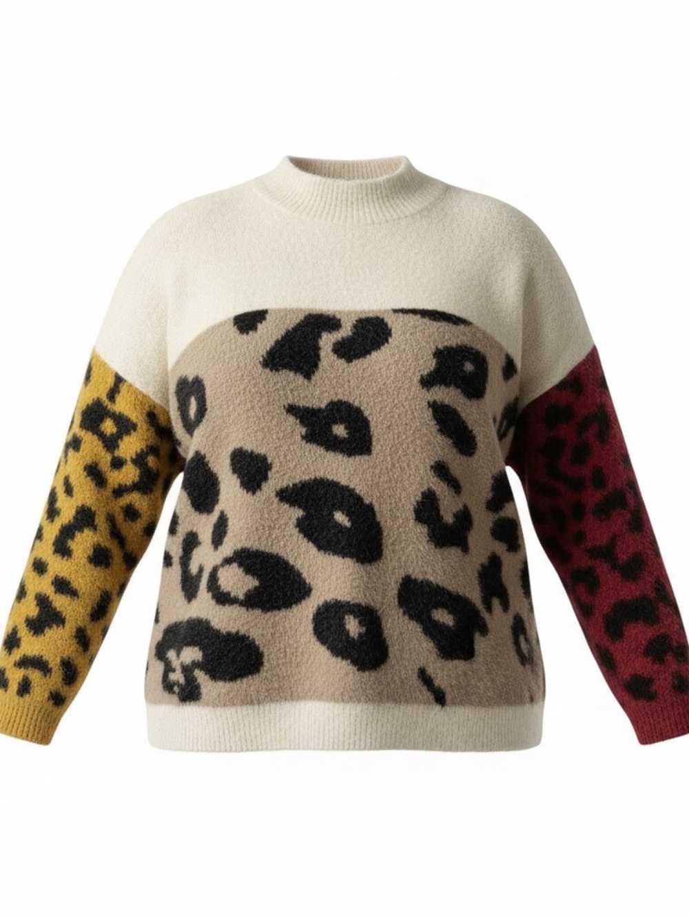 Coco Carmen Eyelash Knit Sweater Women L/XL Leopard Colorblock Mock Neck pullove - Picture 2 of 10
